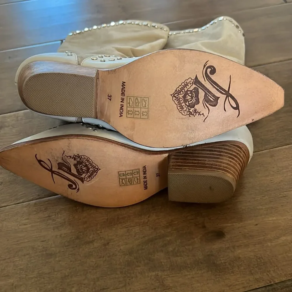 Free People Joelton Studded Western Boots tan and Lt Grey Leather EU 37 US 7
